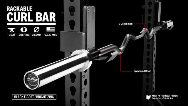 Rogue Rackable Curl Bar on rack supports, with black shaft and silver sleeves