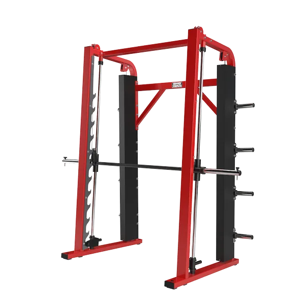 Hammer Strength HSSMV vertical Smith machine with red frame and black panels