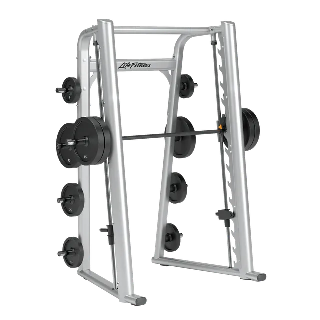 Life Fitness SSM Smith machine with silver frame and plate storage