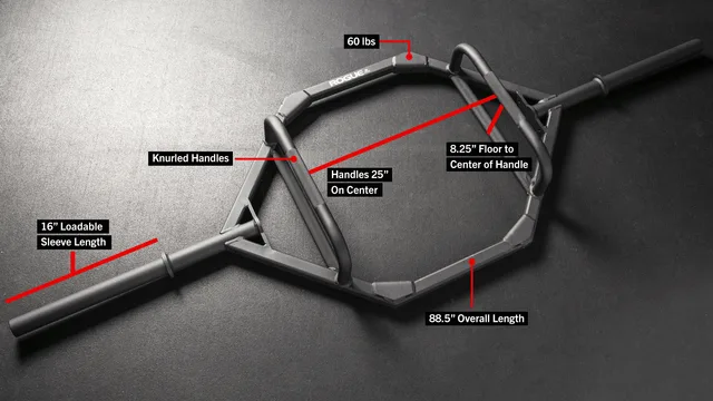 Rogue TB-2 closed-frame trap bar with raised handles and manufacturer dimension labels